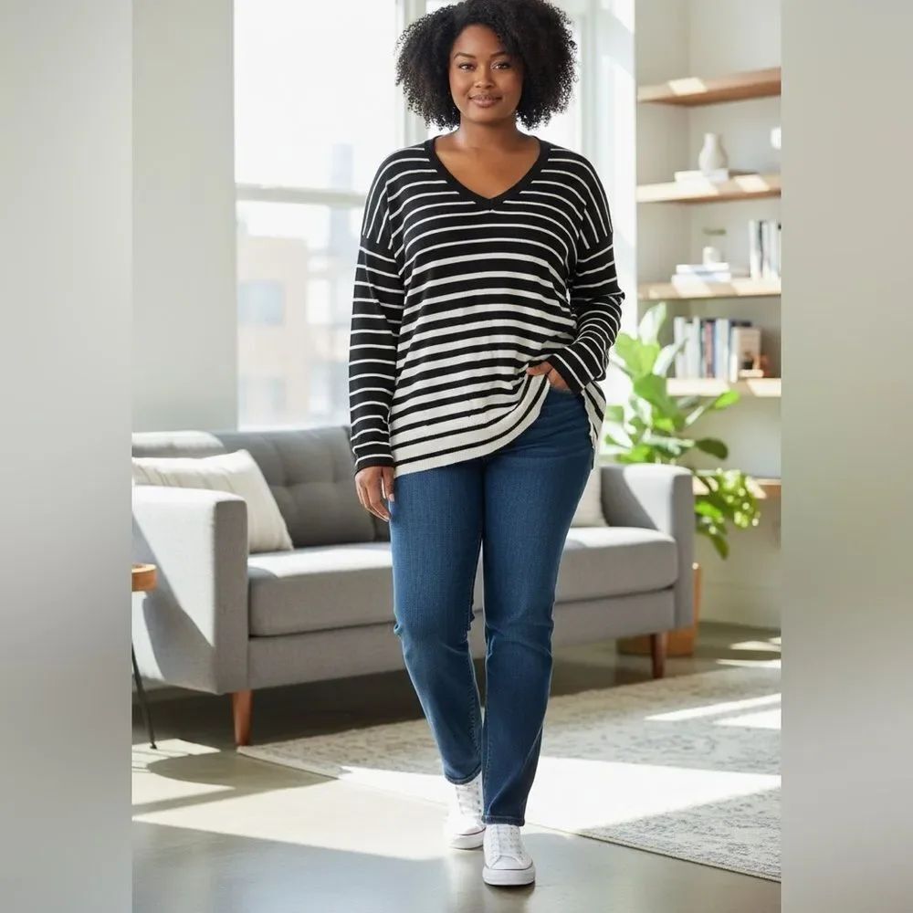 Lane Bryant Black White Striped Side Zip Long Sleeve V-Neck Sweater Size 14/16